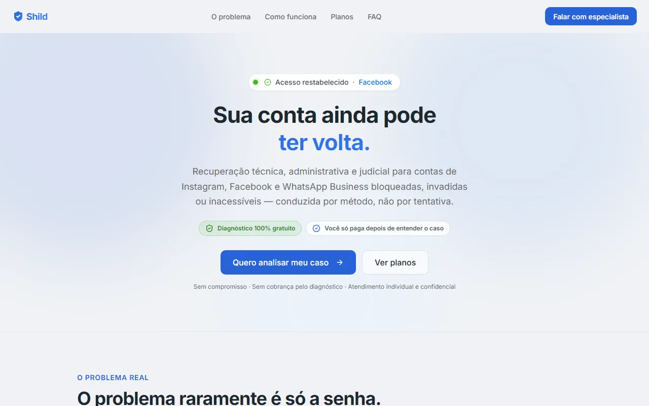 Página da Shild com chamada para recuperação de contas